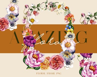 Watercolor floral frame Floral clipart with roses pink flowers greenery Boho floral clipart Wedding invitation Birthday design png