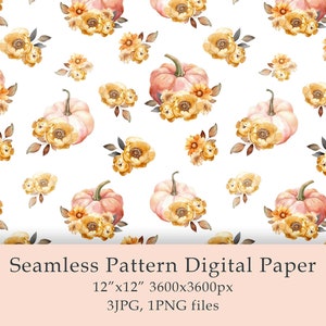 Watercolor Autumn Pumpkins Seamless Pattern Digital Paper Fabric Textile Farmhouse Decor Garden Floral Design Birthday Card Digital  PNG JPG