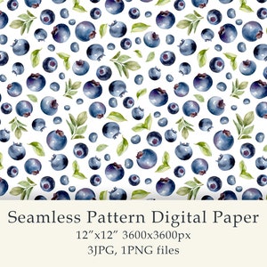 Watercolor Blueberry Seamless Pattern Digital Paper birthday png Sweets fruit Fabric Textile Farmhouse Decor Garden Design Digital JPG PNG