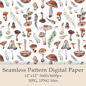 Aquarelle Forêt Champignons Seamless Pattern Papier numérique Anniversaire Animaux mignons Ours Cerf Ferme Décor Motif Tissu Numérique PNG JPG