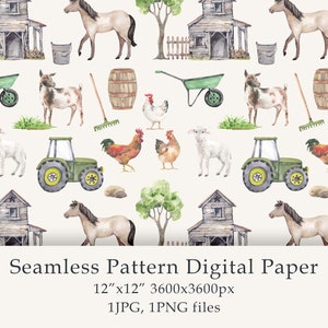 Watercolor Goat Farm Seamless Pattern Digital Paper Farm birthday png Cute animals lamb chickens horse tractor farmhouse Digital PNG JPG