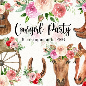 Aquarell Cowgirl Party Clipart Western Clip Art Pferd Clipart Blumensträuße png Western Einladung Logo-Design Baby-Dusche digitale png