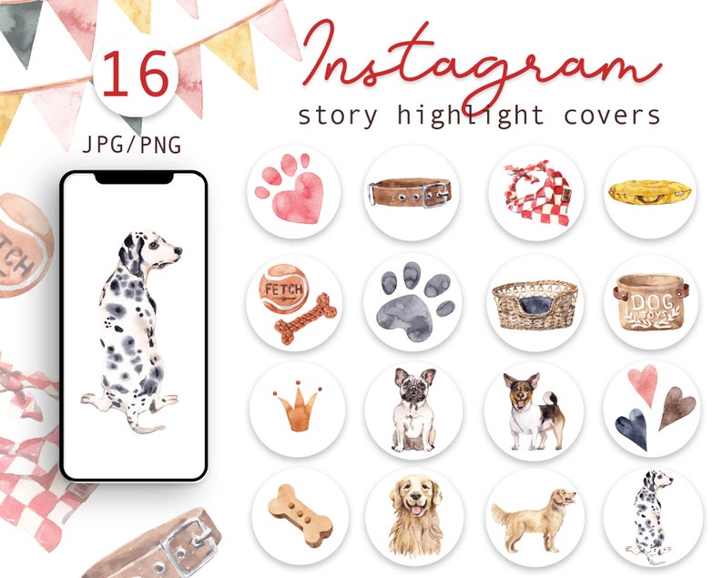 Watercolor Dogs Life Instagram Highlight Icons Watercolor illustrations Instagram Story Highlight Covers Dogs Blogger Summer Nature Icons image 1