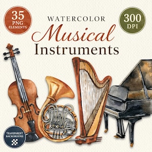 Aquarel muziekinstrumenten clipart - 35 orkest png-elementen, klassieke muziek graphics, transparante achtergrond, commercieel gebruik