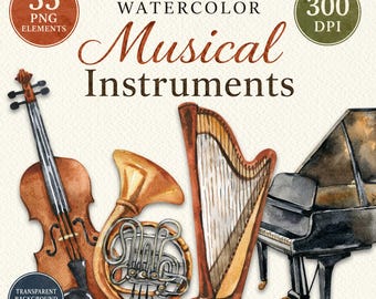 Watercolor Musical Instruments Clipart - 35 Orchestra PNG Elements, Classical Music Graphics, Transparent Background, Commercial Use
