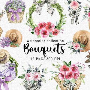 Buquês de aquarela Clipart Arranjos florais Aquarela Jardim Clipart Rosas Casamento de verão Boho Chá de bebê Dia das Mães digital png