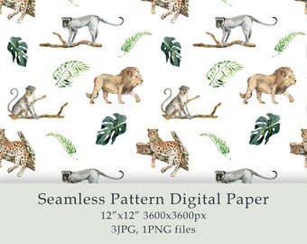 Aquarelle animaux de la savane modèle sans couture papier numérique Lion singe guépard savane safari vie sauvage africaine dessiné à la main numérique JPG PNG