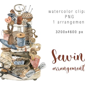 Watercolor Vintage Sewing arrangement Clipart Sewing Clip Art Needlework Stitching Scissors Buttons Hobby Set Decor digital download PNG
