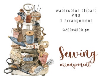 May include: A watercolor illustration of a sewing themed still life. The image features a white tiered stand with various sewing supplies, including spools of thread, buttons, needles, a thimble, a vintage sewing machine, and a pair of scissors. The image is set against a white background.