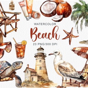 Watercolor Summer beach clipart Beach house  Palm tree clip art  Summer clothes Summer drinks Beach umbrella Travel graphics download PNG