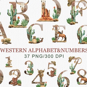 Aquarell Western-Alphabet und Zahlen, Aquarell-Buchstaben und Zahlen mit Pferd, Totenkopf, Wilder Westen, Babyparty, Einladung digital, PNG