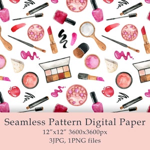 Aquarell Kosmetik Digital Papier Nahtlose Muster Lippenstift Puder Naturkosmetik Schönheit Aquarell scrapbooking jpg png
