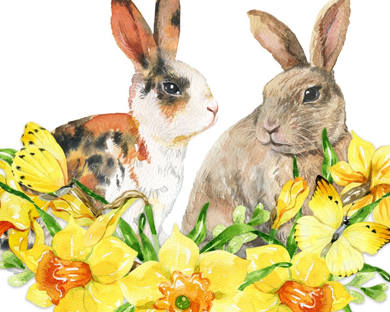 Akvarell kaniner clipart påskhare png Söt clipart Akvarell blommig clipart Påskliljor Fjärilar Korg digital png bild 3