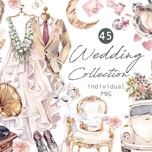 Acuarela Clipart Decoración de bodas clipart Acuarela clipart boda clipart floral clipart vestido de novia, coche, ramo, rosas, png