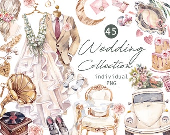 Watercolor Wedding Clipart PNG Vintage Gramophone Wedding Dress Bridal Shoes Flowers Bridal Bouquet Just Married Car Clipart Commercial Use