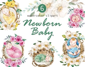 Watercolor Newborn Baby Clipart, Floral Baby Shower Designs (Digital PNG)