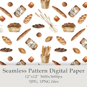 Puede incluir: Un papel digital de patrón sin costuras con ilustraciones de acuarela de varios panes, incluyendo baguettes, hogazas, bollos y pasteles. El patrón también incluye tallos de trigo, cestas y otros elementos relacionados con la panadería. El papel mide 30,48 cm por 30,48 cm y está disponible en formatos JPG y PNG.