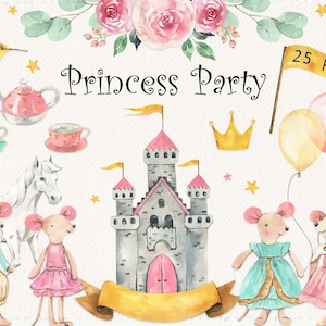 Acuarela princesa fiesta Clipart diseño bebé ducha clipart cumpleaños decoración té fiesta niños acuarela clip art digital png