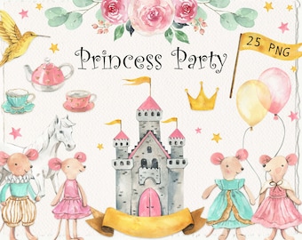 Watercolor Princess Clipart Party, Fairy Tale Birthday PNG, Magical Castle Carriage Graphics, Nursery Girl Baby Shower Digital Elements