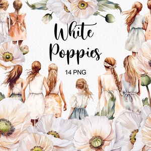 Aquarelle coquelicots blancs Clipart Floral Clip art fille famille jardin fleurs Clipart printemps été mariage décoration fête des mères numérique png
