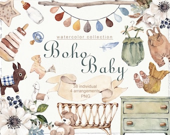 Boho Baby Clipart PNG, Watercolor Nursery Graphics, Hand Painted Baby Shower Clipart, Neutral Nursery Decor, Digital Scrapbooking Elements