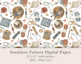 Watercolor Knitting Seamless Pattern Digital Paper Knitting png Scrapbook paper Farmhouse decor Scissors pattern fabric Digital PNG JPG