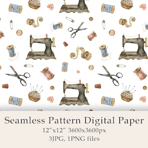 Watercolor Sewing Seamless Pattern Digital Paper Sewing Machine Scrapbooking Paper Country Decor Sewing Fabric Decor Digital JPG PNG