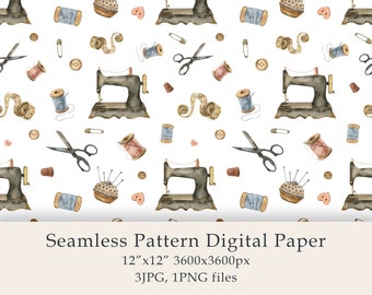 Aquarell Nähen Nahtloses Muster Digitales Papier Nähmaschine Scrapbooking Papier Land Dekor Nähen Stoff Dekor Digital JPG PNG
