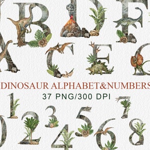 Alfabeto y números de dinosaurios en acuarela, letras y números en acuarela con dinosaurios, Baby Shower Boho Greenery, invitación digital, PNG
