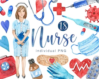 Watercolor Nurse Clipart PNG, Medical Clipart Bundle, Hospital Supplies Graphics, Cute Nurse Illustration, Commercial Use Digital Download
