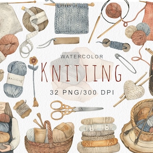 Acuarela Vintage tejer clipart pintado a mano crochet costura invierno acogedor tijeras hilo hobby moda conjunto decoración digital PNG