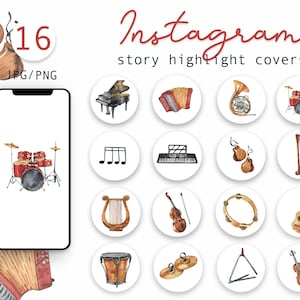 Aquarell Musikinstrumente Instagram Highlight Cover, Musik Instagram Icons, Illustrationen für Instagram Stories, Blogger, PNG, JPG