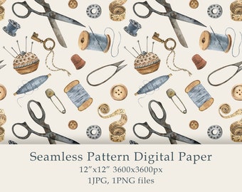 May include: A seamless pattern digital paper featuring watercolor illustrations of sewing supplies, including scissors, spools of thread, thimbles, buttons, and measuring tape. The pattern is in shades of brown, blue, and white on a cream background.