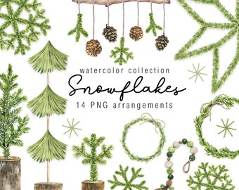 Watercolor Winter Snowflakes Clipart Christmas Tree Watercolor Clip Art Boho decor Hand Painted Winter cozy Christmas Decor Individual PNG