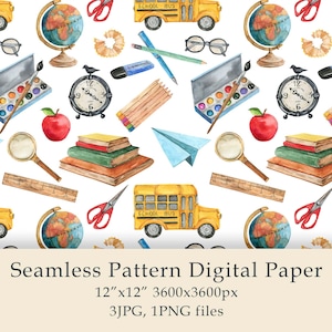 Aquarell Back to School Digital Paper Seamless Pattern Schulzubehör Lehrer Aquarell Illustration Schulbus jpg png