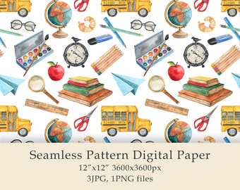 Watercolor Back to School Pattern, Seamless Paper (Digital Download)