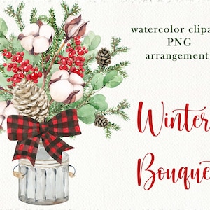 Aquarela Buquê de Inverno Algodão Clipart Flores Brancas Clip art Decoração de Natal arranjo digital Design de logotipo Clipart floral digital png