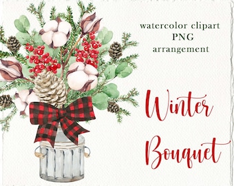 Watercolor Winter Bouquet Cotton Clipart White Flowers Clip art Christmas Decor digital arrangement Logo design Floral clipart digital png