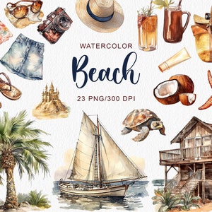 Watercolor Summer beach illustrations Beach house  Palm tree clipart  Summer clothes Summer drinks Beach umbrella Travel graphics PNG