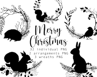 Imágenes prediseñadas navideñas negras. Adornos navideños modernos en negro. Imágenes prediseñadas de coronas de invierno. Diseño de logotipo PNG. Imágenes prediseñadas digitales negras elegantes en formato PNG.