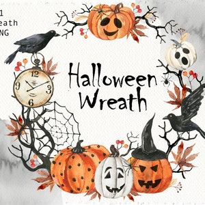 Halloween Wreath Clipart Watercolor Pumpkin Frame PNG Cute Fall Crow ...