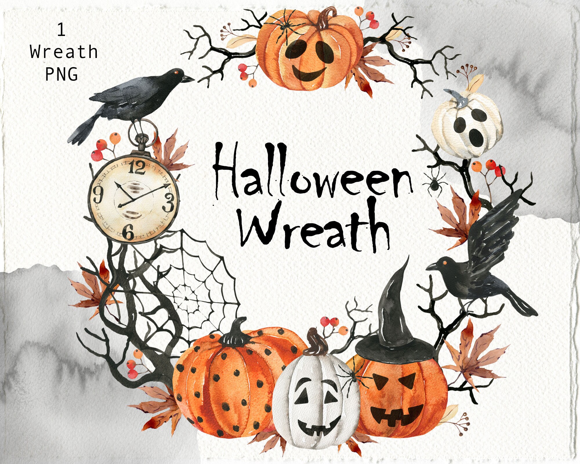 Halloween Wreath Clipart Watercolor Pumpkin Frame PNG Cute Fall Crow ...