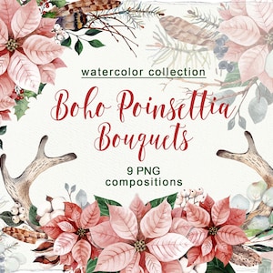 Clipart de Natal em aquarela, Boho Poinsettia Clipart, hastes sagradas, clipart de inverno, folhas, azevinho, decoração de parede, gráficos digitais, PNG