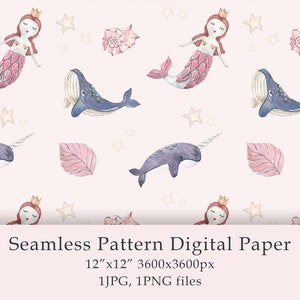 Aquarell Mädchens Seamless Pattern Digitales Papier Boho Baby png Geburtstagseinladung Meer Scrapbook Papier Kinderspielzeug Muster Stoff PNG JPG