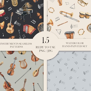 May include: A digital collection of 15 seamless patterns featuring watercolor illustrations of musical instruments like pianos, guitars, violins, and drums, alongside musical notes, presented on dark, light, and gray backgrounds with text.
