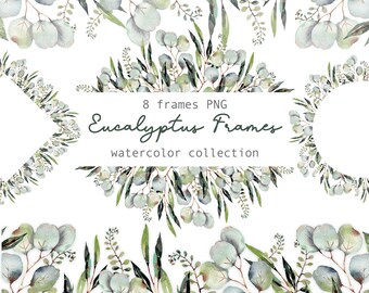 Watercolor Frame clipart, Floral eucalyptus frames, Eucalyptus clipart, watercolor floral clipart, Wreath clipart, eucalyptus png frame, PNG