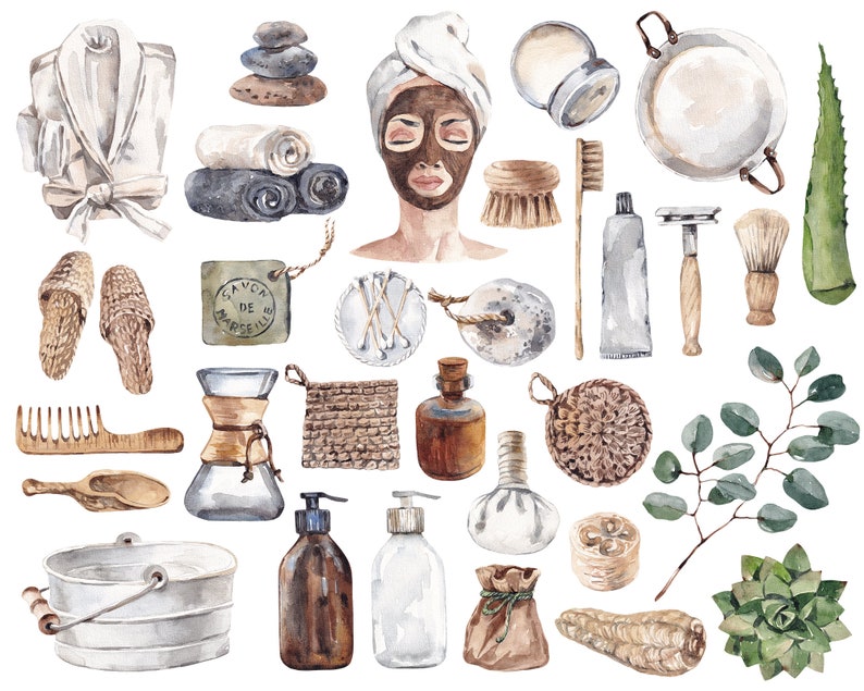 Aquarell Spa Day Clipart: 31 PNG Badelemente, Kosmetika und Entspannungsgrafiken für den kommerziellen Gebrauch Bild 2