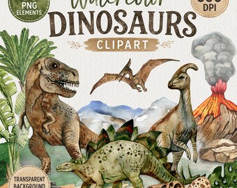 Dinosaur Clipart Watercolor, Cute Dino PNG Boy Birthday, Jurassic Party, T-Rex Triceratops Graphics, Commercial Use Sublimation Designs