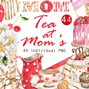 Aquarela Doces Clipart Dia das Mães Sobremesas Flor Clipart Comida Coração Xícara de chá Biscoito Bolo Cupcake Logo design digital PNG