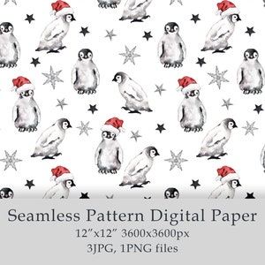 Papel digital con pingüinos navideños en acuarela, decoración de invierno, patrón sin costuras, fondo digital, diseño de envoltura para álbum de recortes navideño, JPG PNG